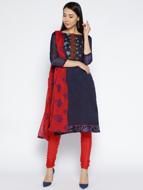 

mf Navy Blue & Red Silk Blend Unstitched Dress Material
