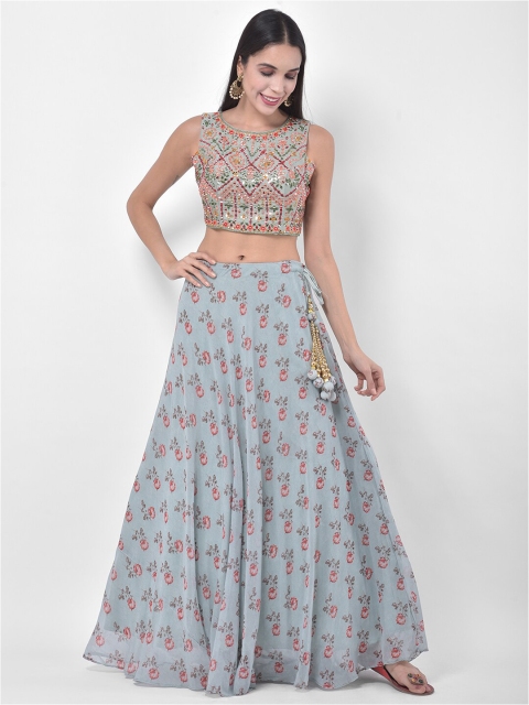 

Neerus Grey & Red Embellished Unstitched Lehenga & Ready to Wear Blouse with Dupatta