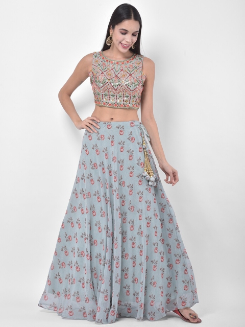 

Neerus Grey & Red Embellished Unstitched Lehenga & Ready to Wear Blouse with Dupatta