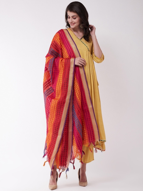 

InWeave Red & Yellow Checked Chanderi Dupatta