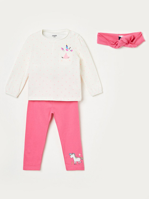 

Juniors by Lifestyle Girls Cream-Coloured & Pink Printed T-shirt with Pyjamas & Headband