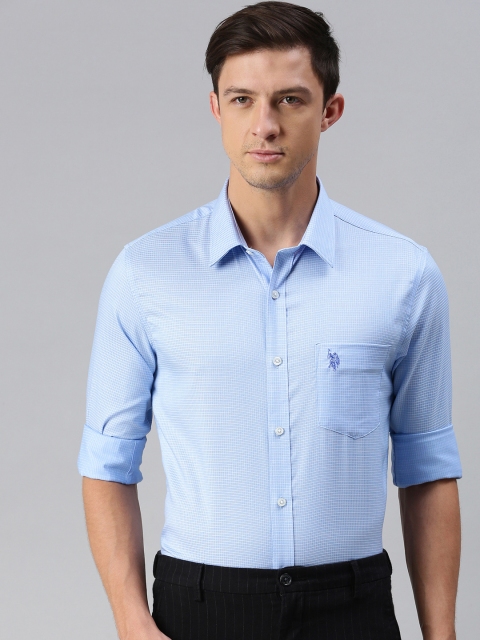 

U S Polo Assn Men Blue Tailored Fit Micro Checks Checked Casual Shirt