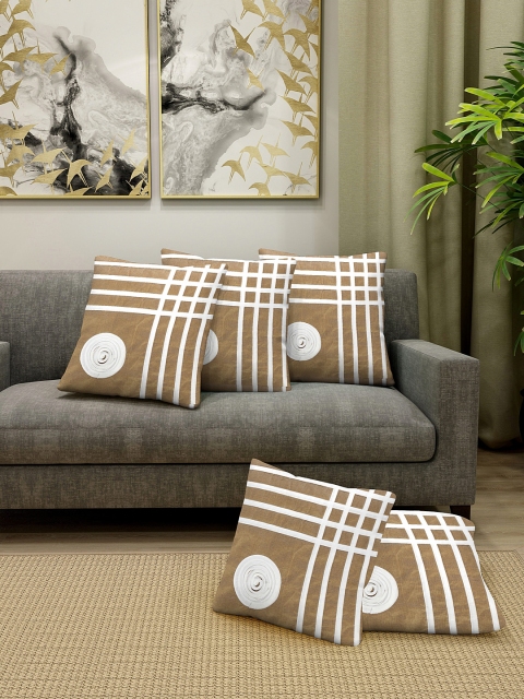 

DREAM WEAVERZ Beige & White Set of 5 Embroidered Square Cushion Covers