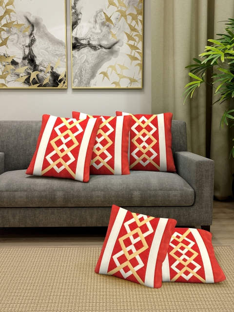

DREAM WEAVERZ Orange & White Set of 5 Embroidered Square Cushion Covers