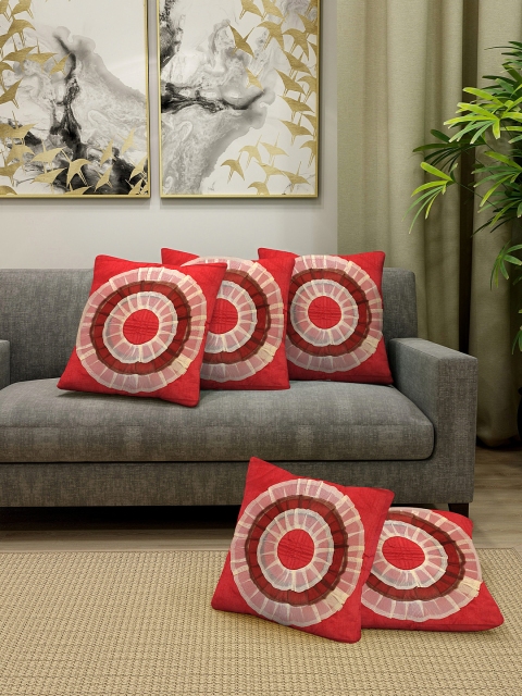 

DREAM WEAVERZ Red & Off-White Set of 5 Geometric Square Cushion Covers