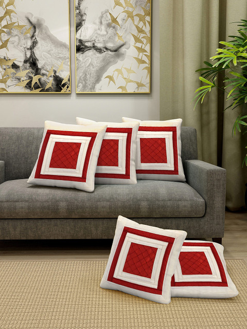 

DREAM WEAVERZ Red & White Set of 5 Embroidered Square Cushion Covers