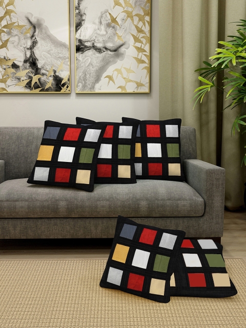 

DREAM WEAVERZ Black & White Set of 5 Geometric Silk Square Cushion Covers