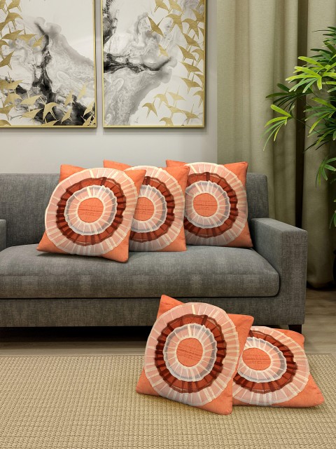 

DREAM WEAVERZ Orange & Cream-Coloured Set of 5 Embroidered Square Cushion Covers