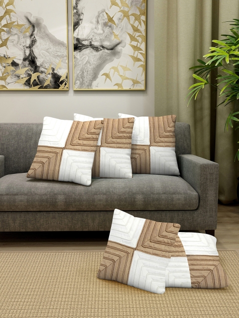 

DREAM WEAVERZ Coffee Brown & White Set of 5 Embroidered Square Cushion Covers