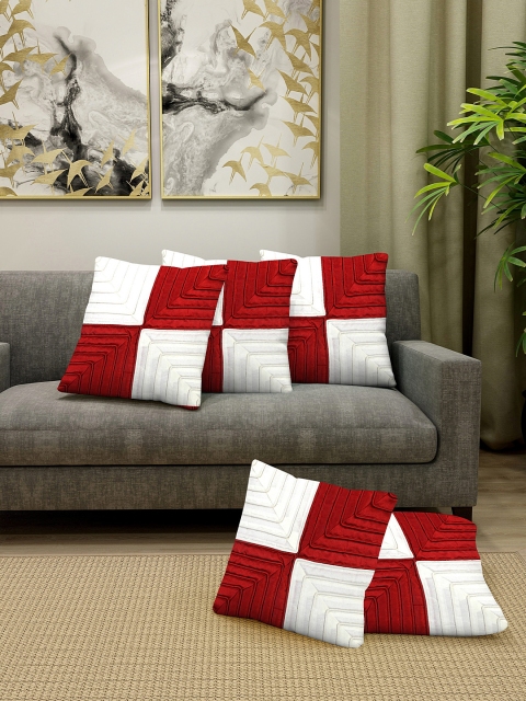 

DREAM WEAVERZ Red & White Set of 5 Colourblocked Square Cushion Covers