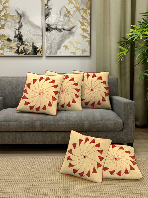 

DREAM WEAVERZ Cream-Coloured & Red Set of 5 Embroidered Square Cushion Covers