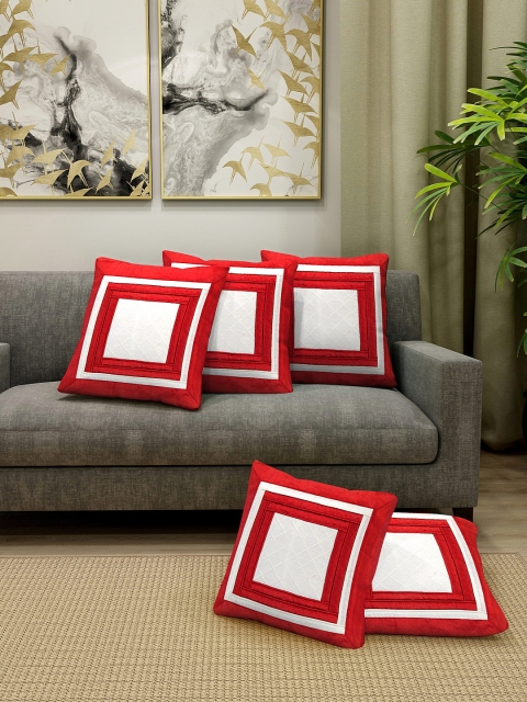 

DREAM WEAVERZ Red & White Set of 5 Colourblocked Square Cushion Covers