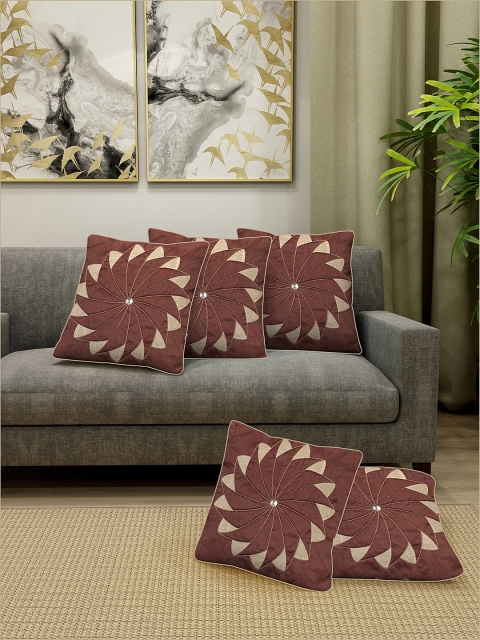 

DREAM WEAVERZ Brown & Beige Set of 5 Embroidered Silk Square Cushion Covers