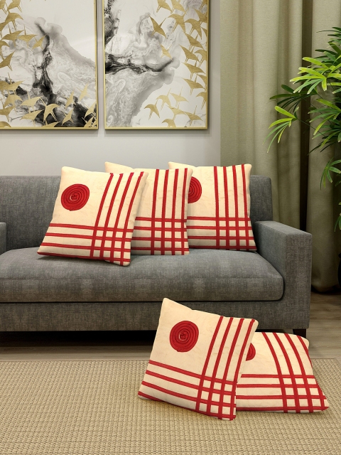 

DREAM WEAVERZ Cream-Coloured & Red Set of 5 Embroidered Square Cushion Covers