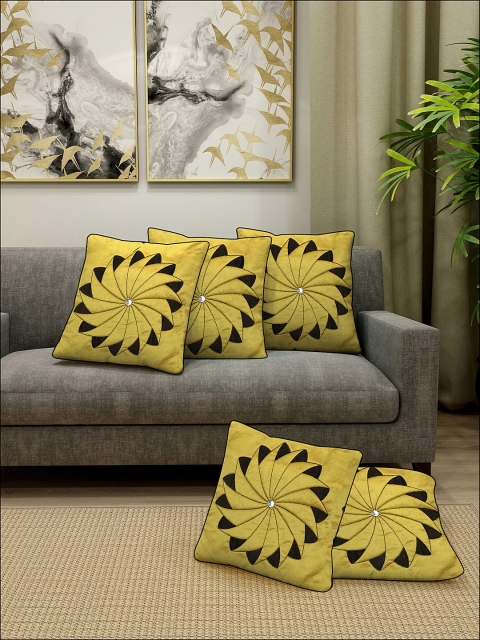 

DREAM WEAVERZ Mustard & Black Set of 5 Embroidered Square Cushion Covers