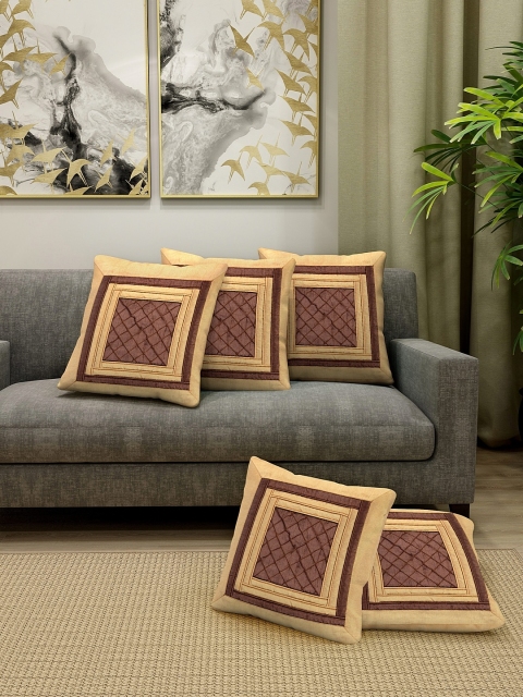 

DREAM WEAVERZ Brown & Beige Set of 5 Embroidered Square Cushion Covers