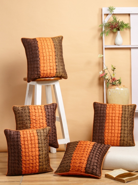 

DREAM WEAVERZ Set of 5 Orange & Coffee Brown Embroidered Square Cushion Covers