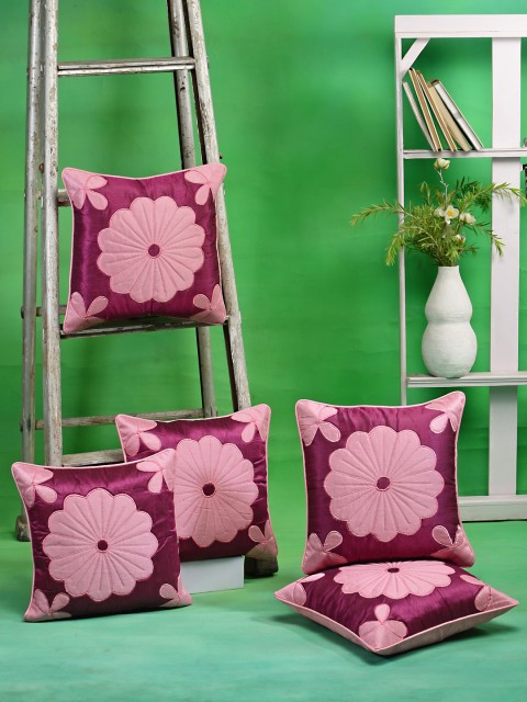 

DREAM WEAVERZ Pink & Maroon Set of 5 Embroidered Silk Square Cushion Covers