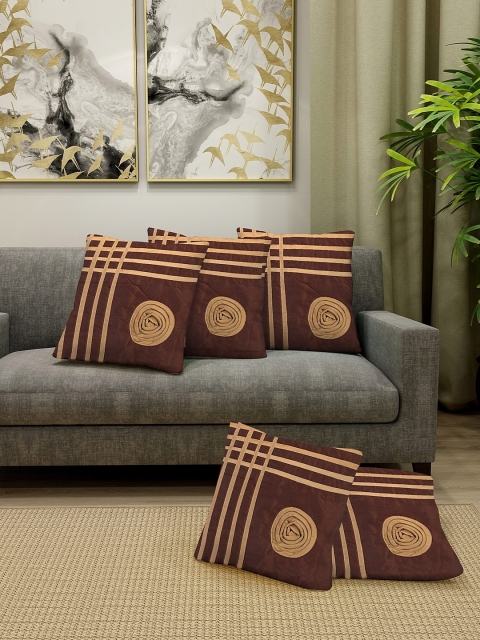 

DREAM WEAVERZ Set of 5 Brown & Beige Striped Square Cushion Covers