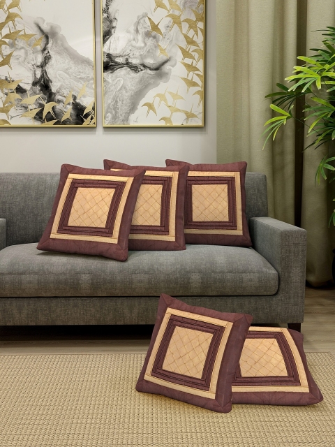 

DREAM WEAVERZ Gold-Toned & Coffee Brown Set of 5 Embroidered Square Cushion Covers