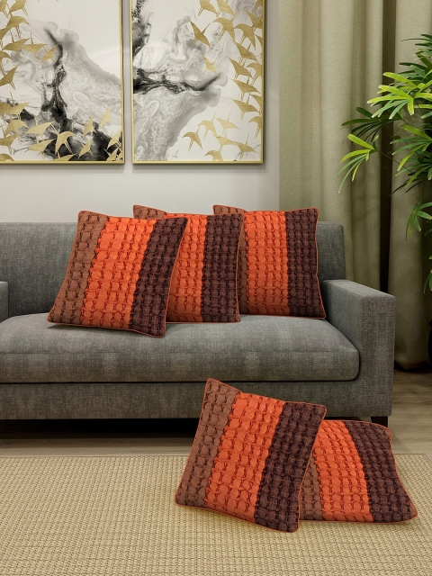 

DREAM WEAVERZ Orange & Coffee Brown Set of 5 Self Design Square Cushion Covers