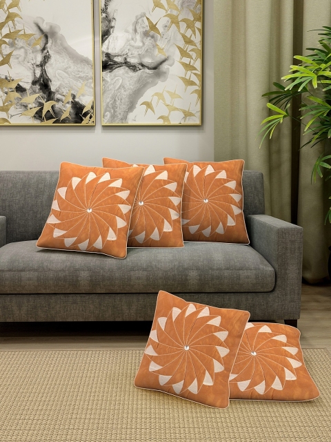 

DREAM WEAVERZ Orange & Cream-Coloured Set of 5 Embroidered Square Cushion Covers