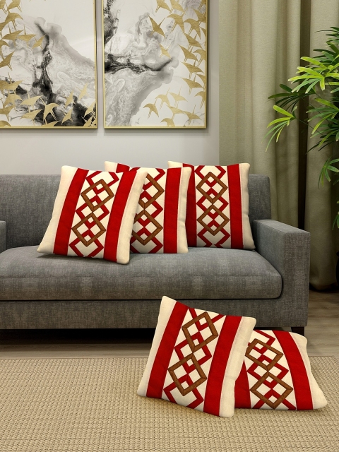 

DREAM WEAVERZ Red & White Set of 5 Self Design Square Silk Cushion Covers