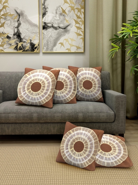 

DREAM WEAVERZ Brown & White Set of 5 Embroidered Square Cushion Covers