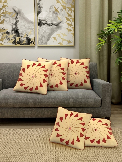 

DREAM WEAVERZ Cream-Coloured & Tan Set of 5 Embroidered Square Cushion Covers