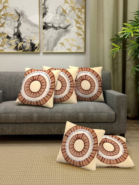 

DREAM WEAVERZ Cream-Coloured & Brown Set of 5 Geometric Silk Square Cushion Covers