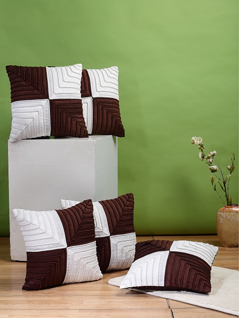 

DREAM WEAVERZ Coffee Brown & White Set of 5 Colourblocked Square Cushion Covers