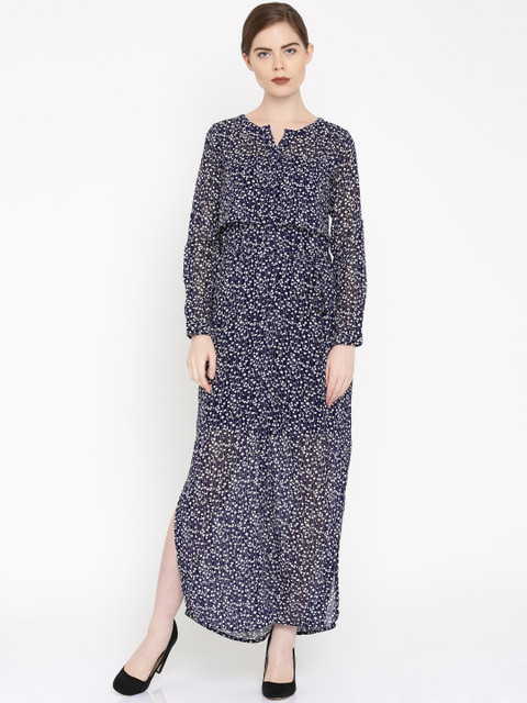 

DressBerry Women Navy & White Printed Maxi Dress, Navy blue