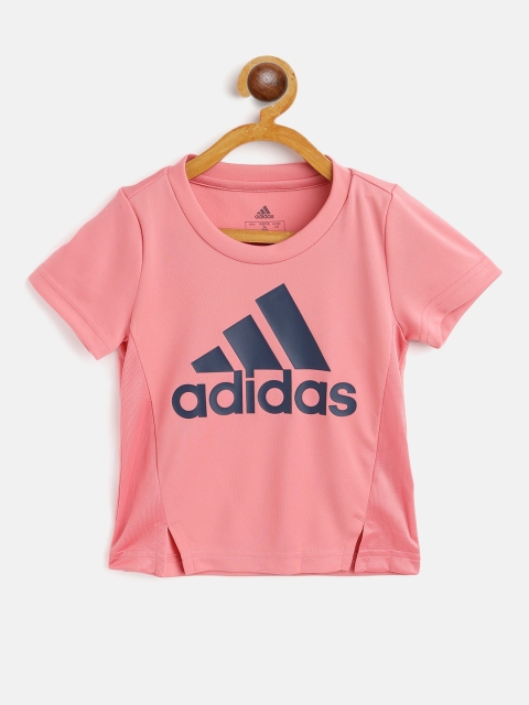 

ADIDAS Girls Pink & Navy Blue Brand Logo Print T-shirt