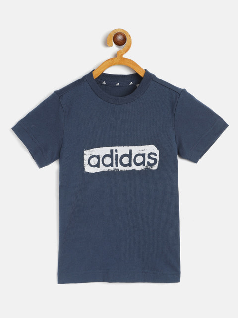 

ADIDAS Boys Blue White Brand Logo Print Round Neck Pure Cotton Sustainable T-shirt