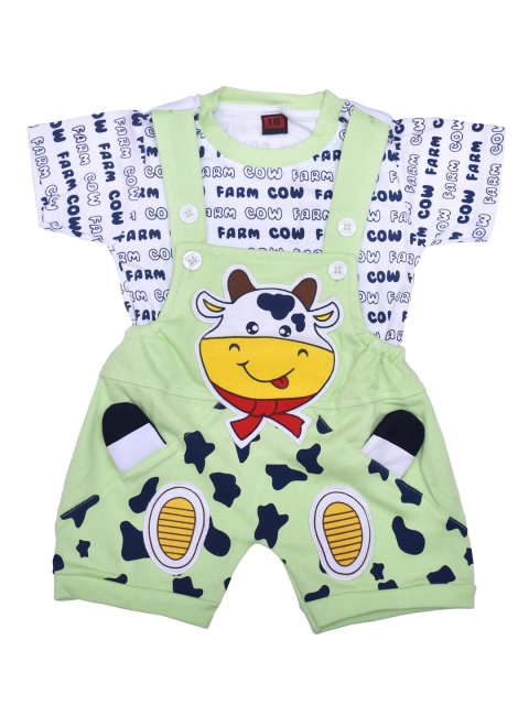 

BORN WEAR Unisex Kids Green & White Printed T-shirt with Dungarees