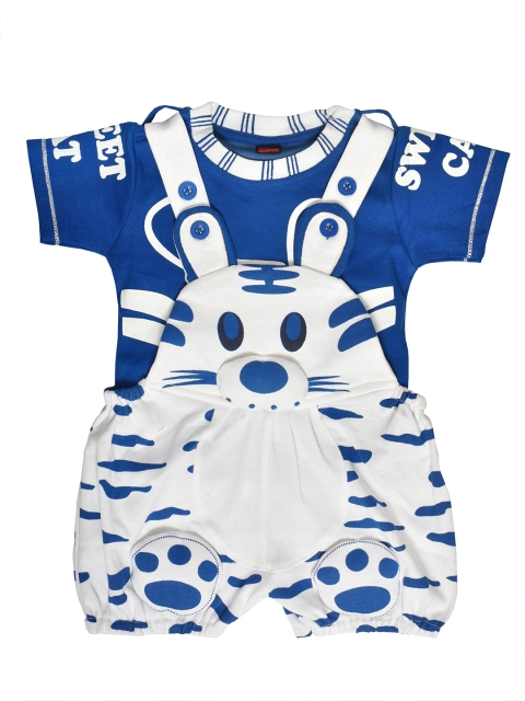 

BORN WEAR Unisex Kids White & Blue Printed T-shirt with Dungarees