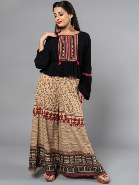 

KLM Fashion Mall Women Black & Beige Embroidered Kurti with Sharara