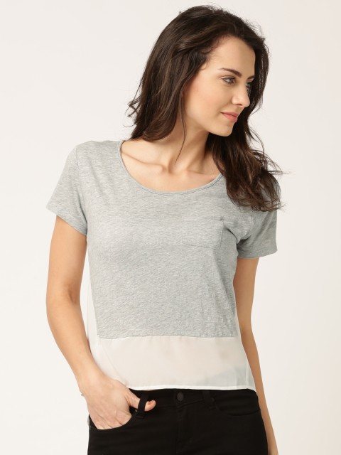 

DressBerry Grey Melange & White Colourblocked Top