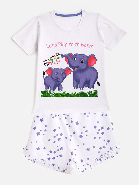 

KIDSCRAFT Girls White & Purple Printed T-shirt with Shorts