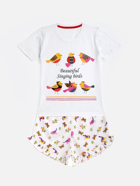 

KIDSCRAFT Girls White & Red Printed T-shirt with Shorts