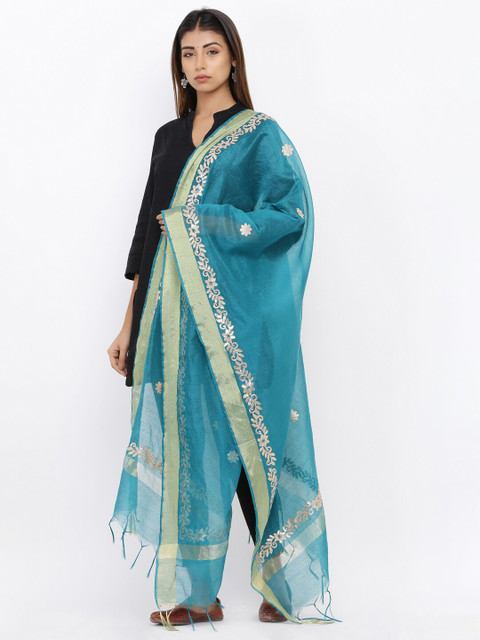 

SOUNDARYA Teal Blue & Golden Embroidered Dupatta
