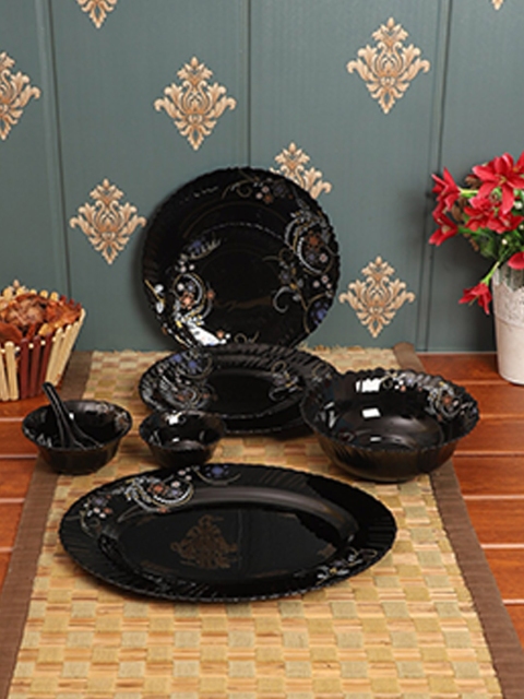 

ceradeco Black & Gold-Toned 30 Pieces Ethnic Motifs Printed Glass Glossy Dinner Set