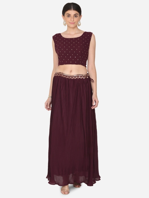 

BOMBAY SELECTIONS Burgundy & Gold-Toned Embellished Ready to Wear Lehenga & Blouse with Dupatta