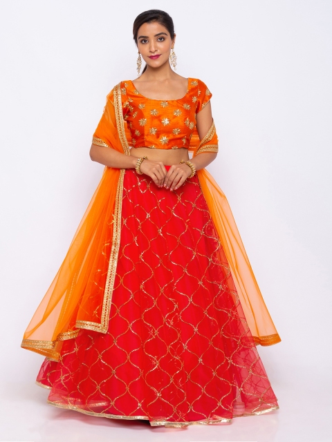 

6Y COLLECTIVE Orange & Red Embroidered Semi-Stitched Lehenga & Unstitched Blouse with Dupatta