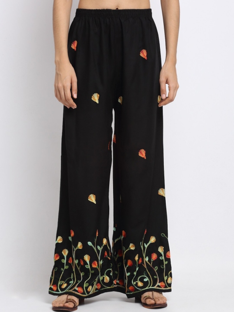 

NEUDIS Women Black & Yellow Embroidered Wide Leg Palazzos