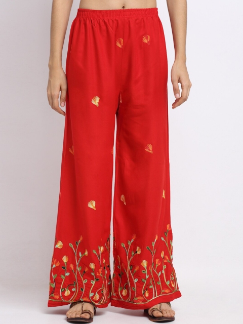 

NEUDIS Women Red & Green Embroidered Wide Leg Palazzos