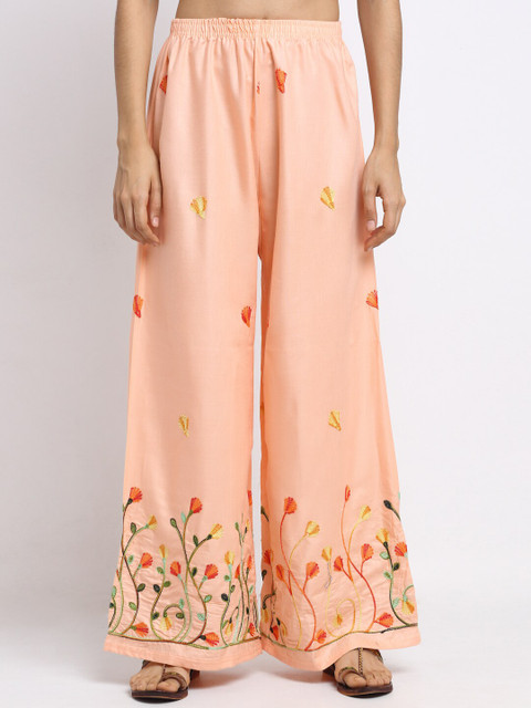 

NEUDIS Women Peach-Coloured Embroidered Wide Leg Palazzos