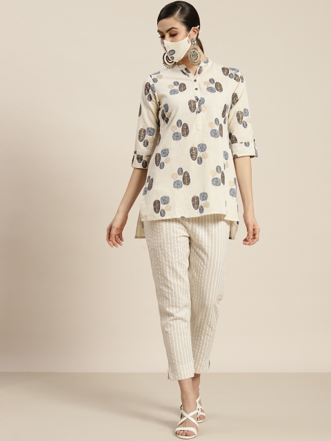 

Juniper Women Beige & Navy Blue Printed Kurti with Trousers