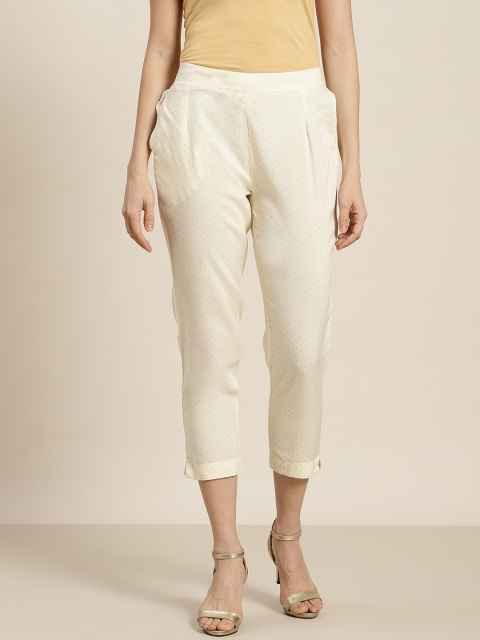 

Juniper Women Cream-Coloured & Golden Slim Fit Printed Regular Trousers with Scrunchies