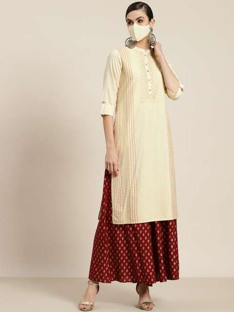 

Juniper Women Cream-Coloured & Maroon Geometric Printed Pastels Kurta